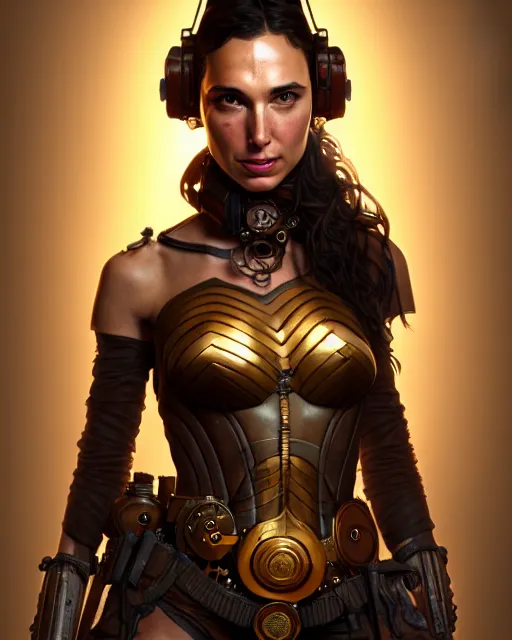 Image similar to steampunk portrait of gal gadot, au naturel, hyper detailed, digital art, trending in artstation, cinematic lighting, studio quality, smooth render, unreal engine 5 rendered, octane rendered, art style by klimt and nixeu and ian sprigger and wlop and krenz cushart.