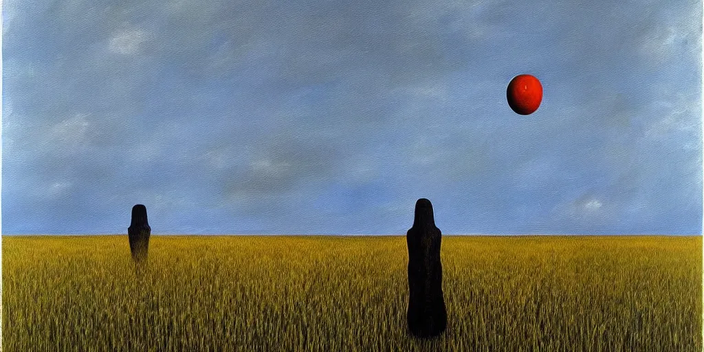 Prompt: a painting of a person standing in a field, a surrealist painting by bridget bate tichenor, cg society, surrealism, surrealist, lovecraftian, henry moore