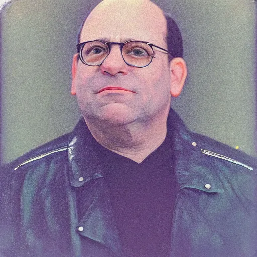 Image similar to Portrait of George Costanza in a leather jacket, ethereal, polaroid, punk