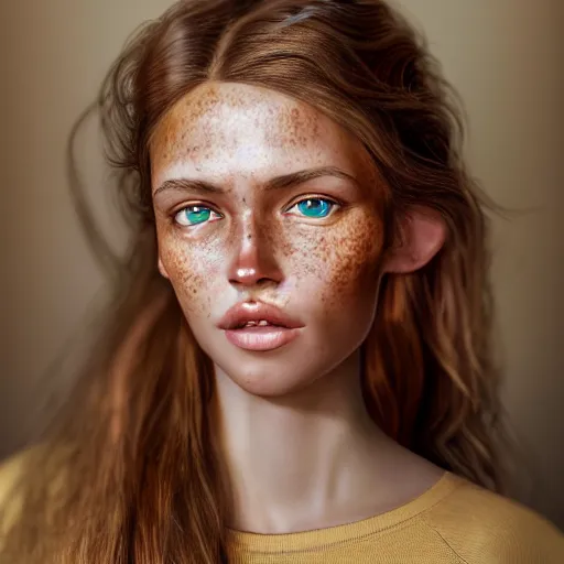 Image similar to intricate crisp portrait of a cute thin young woman, light bronze brown hair, very detailed vivid green eyes, red blush, light freckles, soft smile, casual clothes, relaxing on the couch, home interior, golden hour, close up shot, 8 k, art by irakli nadar, hyperrealism, hyperdetailed, ultra realistic