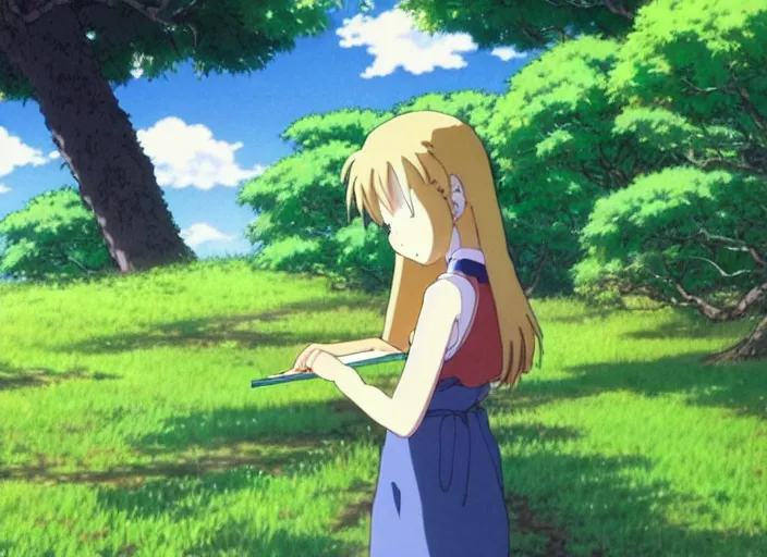 Prompt: anime fine details portrait of joyful girl draws a picture in nature, trees, green meadows, bokeh. anime masterpiece by Studio Ghibli. 8k, sharp high quality classic anime from 1990 in style of Hayao Miyazaki