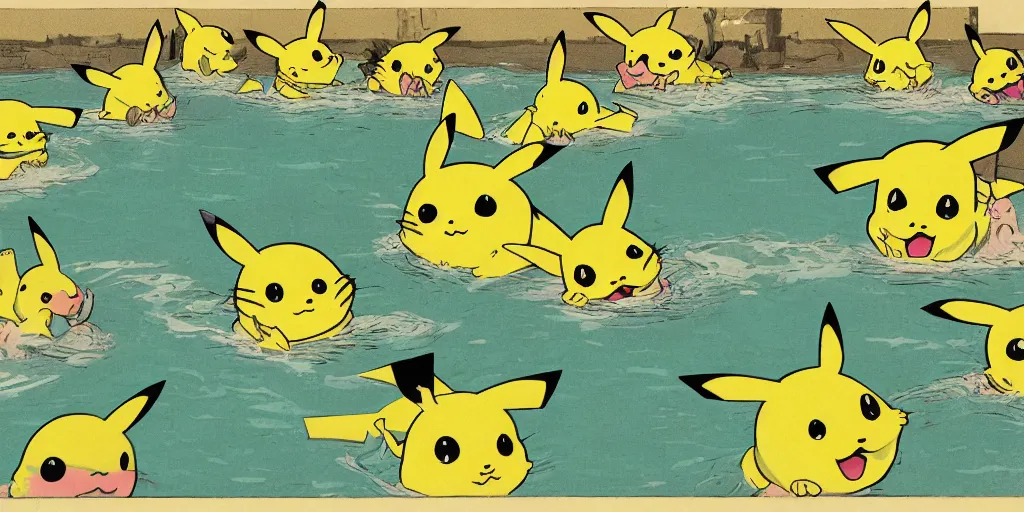 Image similar to a flat illustration of several pikachus swimming in a wide pool together, vaudevillian, from 1890, nostalgic, detailed, vignette, high quality scan, yellow and green