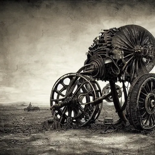 Prompt: dark human pose, steam punk, robot, machine with detailed parts like gear wheels, terrible, scary, bike parts, ominous, organic, desaturated, 8K matte, bad gray and blue lighting, cold norse landscape, abandoned place, epic scene by Emil Melmoth by Gustav Klimt