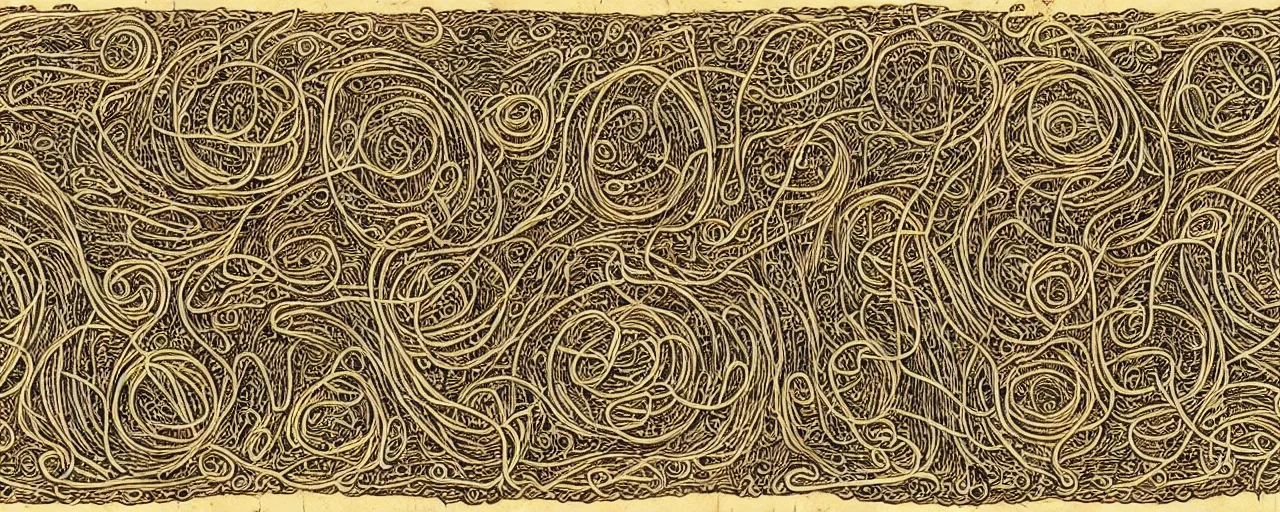 Prompt: ancient book with images of spaghetti, in the style of the popol vuh, fine detail,