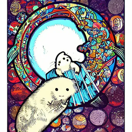 Image similar to baby harp seal, moon rise, illustration, pop art, splash painting, art by geof darrow, ashley wood, alphonse mucha