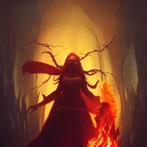 Image similar to a witch on fire, greg rutkowski, zabrocki, karlkka, jayison devadas, trending on artstation, 8 k, ultra wide angle, zenith view, pincushion lens effect