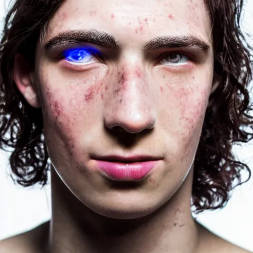 Image similar to ultraviolet spectrum portrait of a young man with fair skin and freckles, in the studio, facial closeup, Ultra-Achromatic-Takumar 85mm F4.5, Baader U Venus filter, iso 800, f/4.5