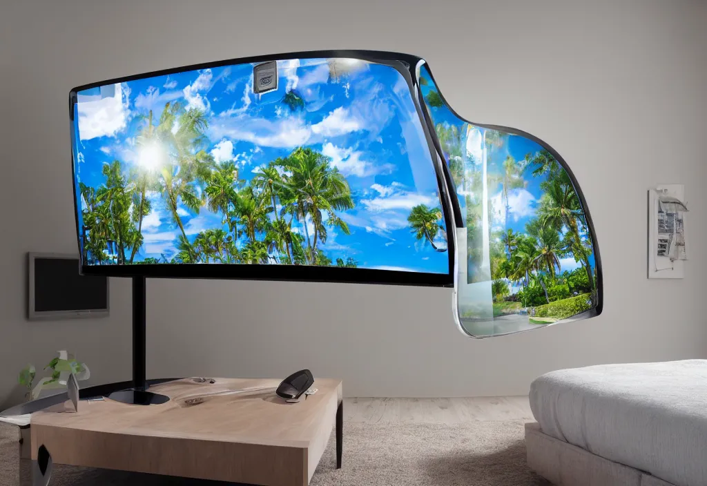 Prompt: curved transparent 3 dtv florida weathermap popping out of tv, volumetric lighting, bedroom, visor, users, pair of keycards on table, bokeh, creterion collection, shot on 7 0 mm, instax