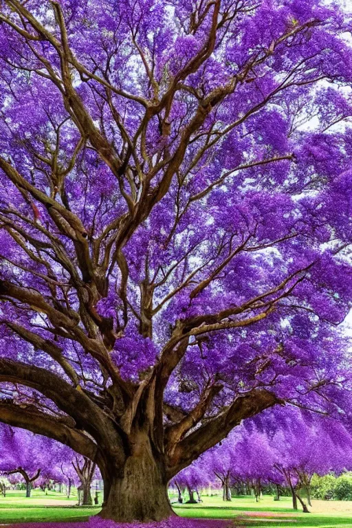 Image similar to huge world jacaranda tree with purple colored flowers, + lightning bolt, + antique,