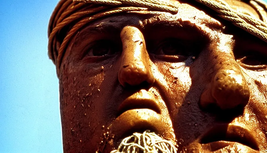 Image similar to 1 9 7 0 s movie still close - up of marcus atilius regulus'face tied with ropes at a pole with wide large - open eyes looking directly at the burning sun, his eyes are bleeding intense, cinestill 8 0 0 t 3 5 mm, high quality, heavy grain, high detail, texture, dramatic light