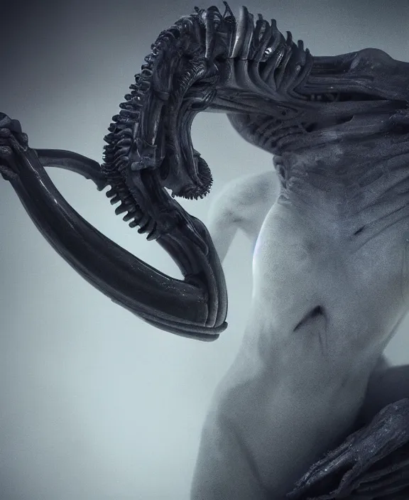 Image similar to xenomorph hugging pale sad beauty merging, dark mist colors, giger background liminal void, digital art, cinematic lighting, realistic, award winning photograph, various refining methods, micro macro autofocus