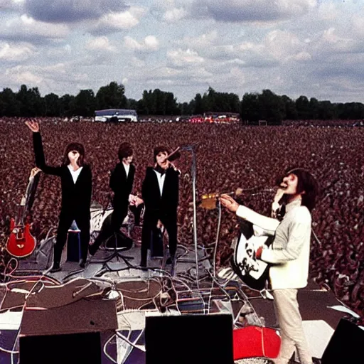 Prompt: movie still of The Beatles performing live at crowded Pinkpop festival in 1995