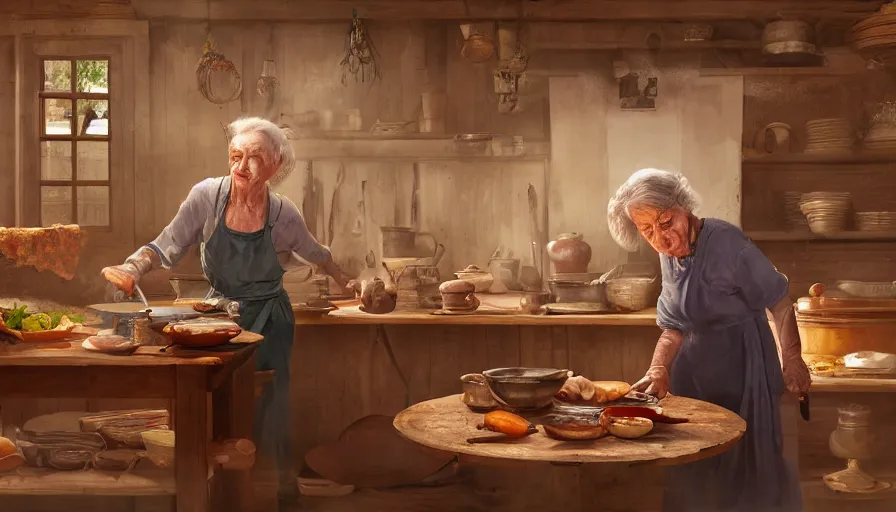 Image similar to old eastern lady cooking in her old wooden kitchen, pan and plates, hyperdetailed, artstation, cgsociety, 8 k