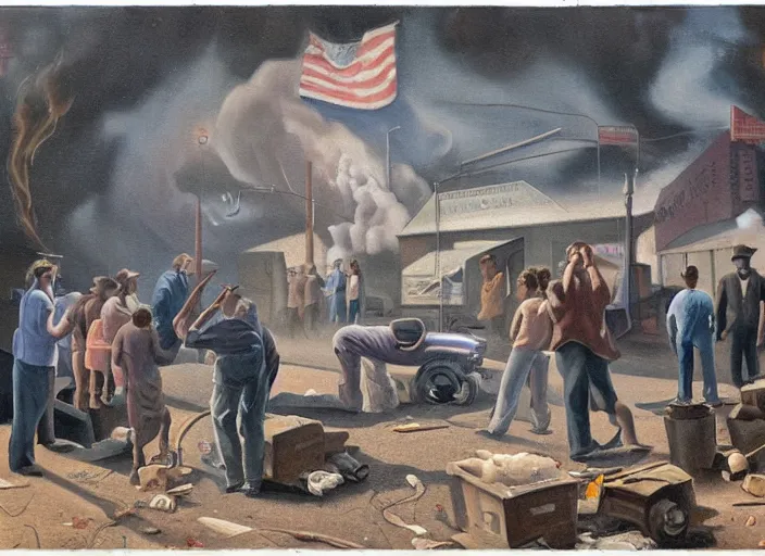 Prompt: people standing around a burning dumpster, an american scene painting by thomas hart benton, austin briggs, john philip falter, cg society, dystopian art, american realism, academic art