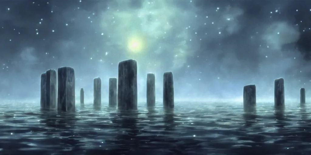 Image similar to a realistic and atmospheric cell - shaded concept art from howl's moving castle ( 2 0 0 4 ) of a ufo on the ground. a grey monk is standing in a futurist sci - fi city that looks like stonehenge in a flooded rainforest. it is a misty starry night. very dull muted colors, hd, 4 k, hq