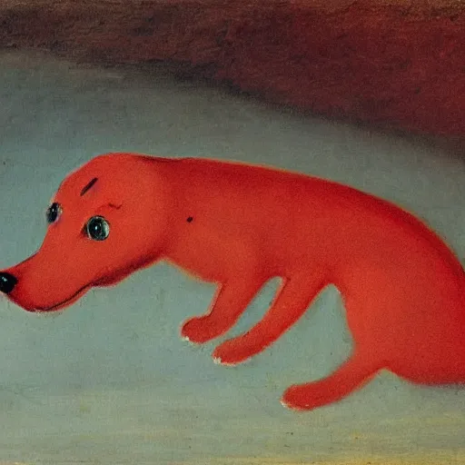 Image similar to Red long dog chasing its own tail. in the art style of William Turner. Minimalistic composition. High resolution. High details.