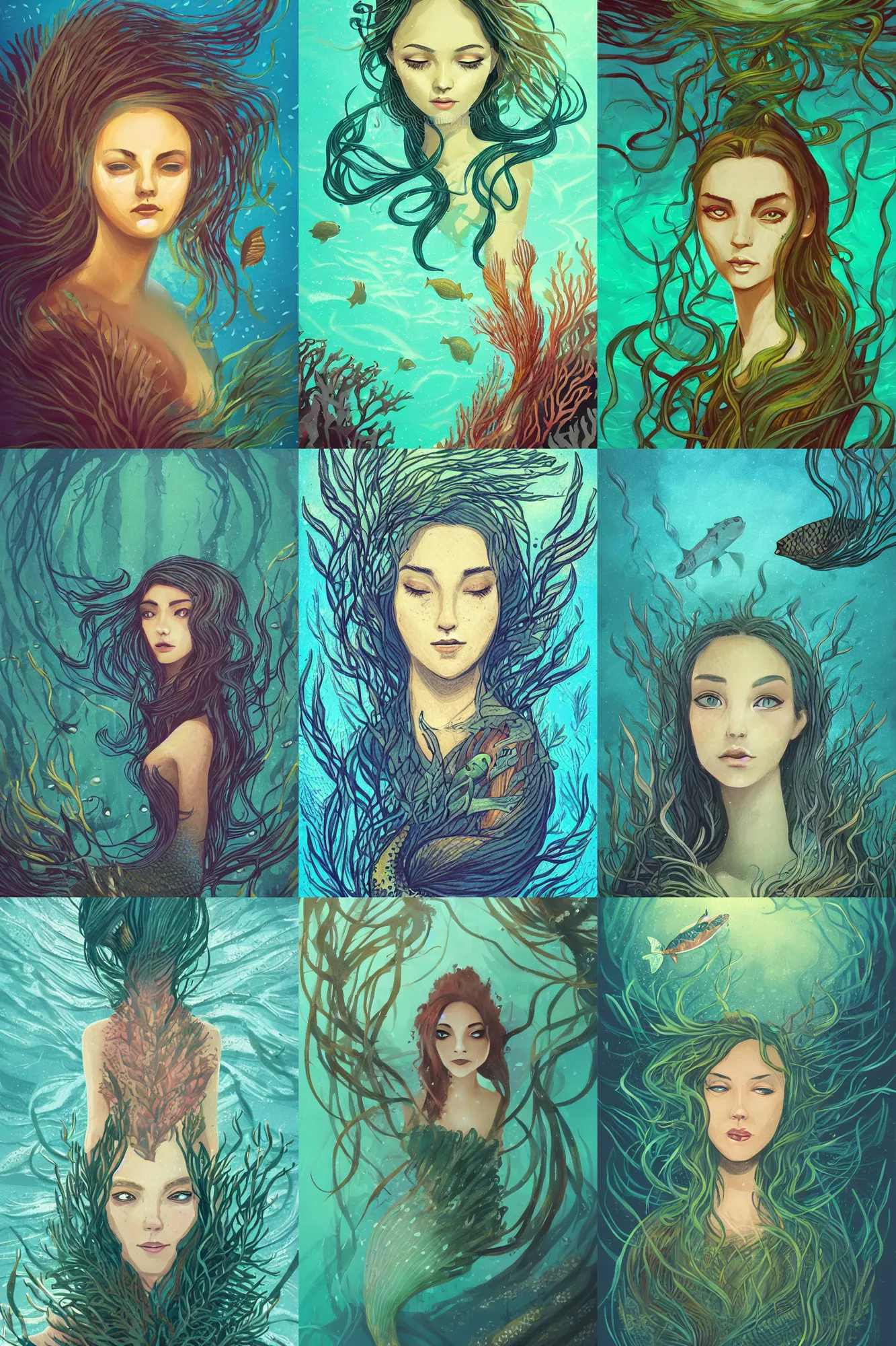 Prompt: head and shoulder portrait illustration of a mermaid under the sea, surrounded by kelp, fish swimming around, art by Anato Finnstark