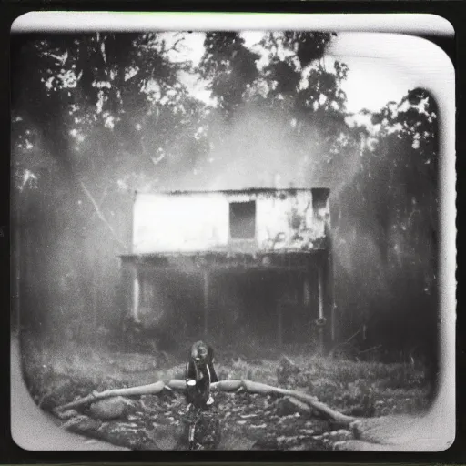 Prompt: an ancient evil-girl devouring the souls of the human kind on an abandoned house, Colombian jungle, mist, 1910 polaroid photography, grainy film, Black and white