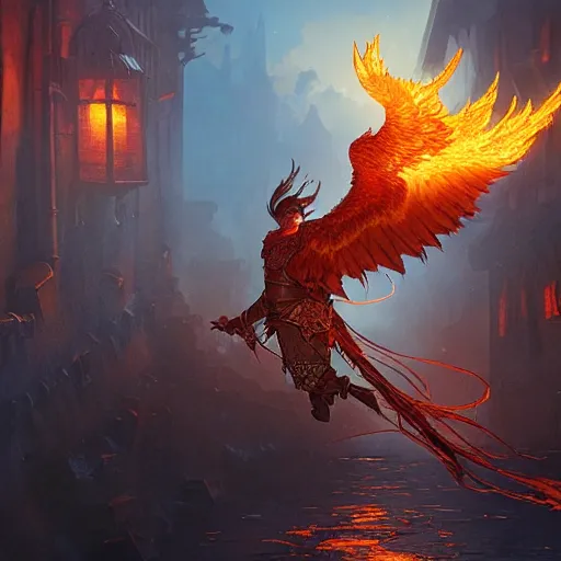 Image similar to Phoenix in fire flying through a medieval town by night, DnD character, unreal engine, octane render, dramatic lighting, pond, digital art, by Stanley Artgerm Lau, greg rutkowski, thomas kindkade, alphonse mucha, loish, norman Rockwell