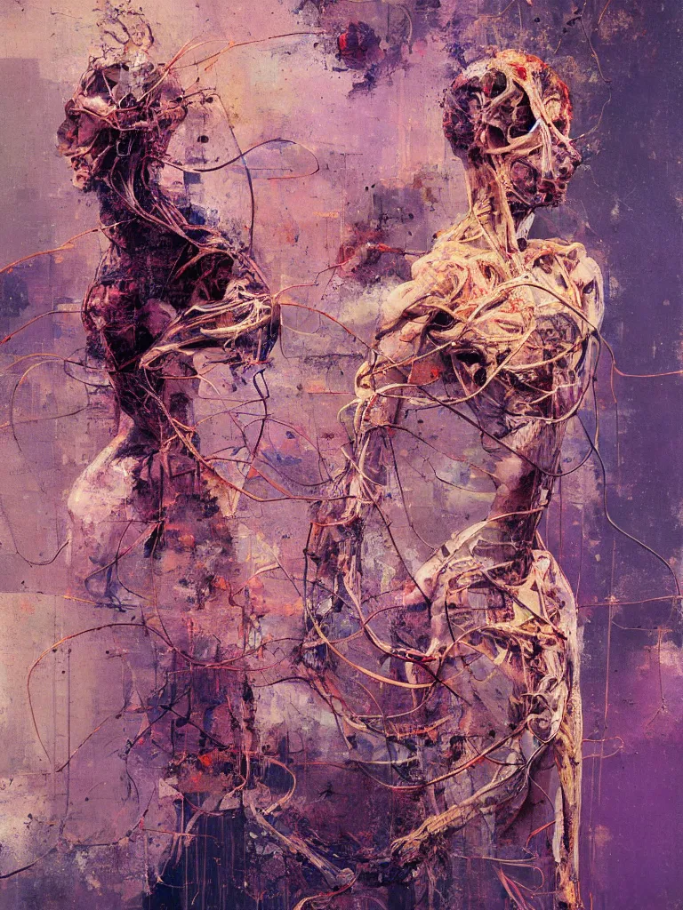 Image similar to a beautiful glitched painting by robert proch of an anatomy study of the human nervous system, color bleeding, pixel sorting, copper oxide and rust materials, brushstrokes by jeremy mann, cold top lighting, pastel purple background