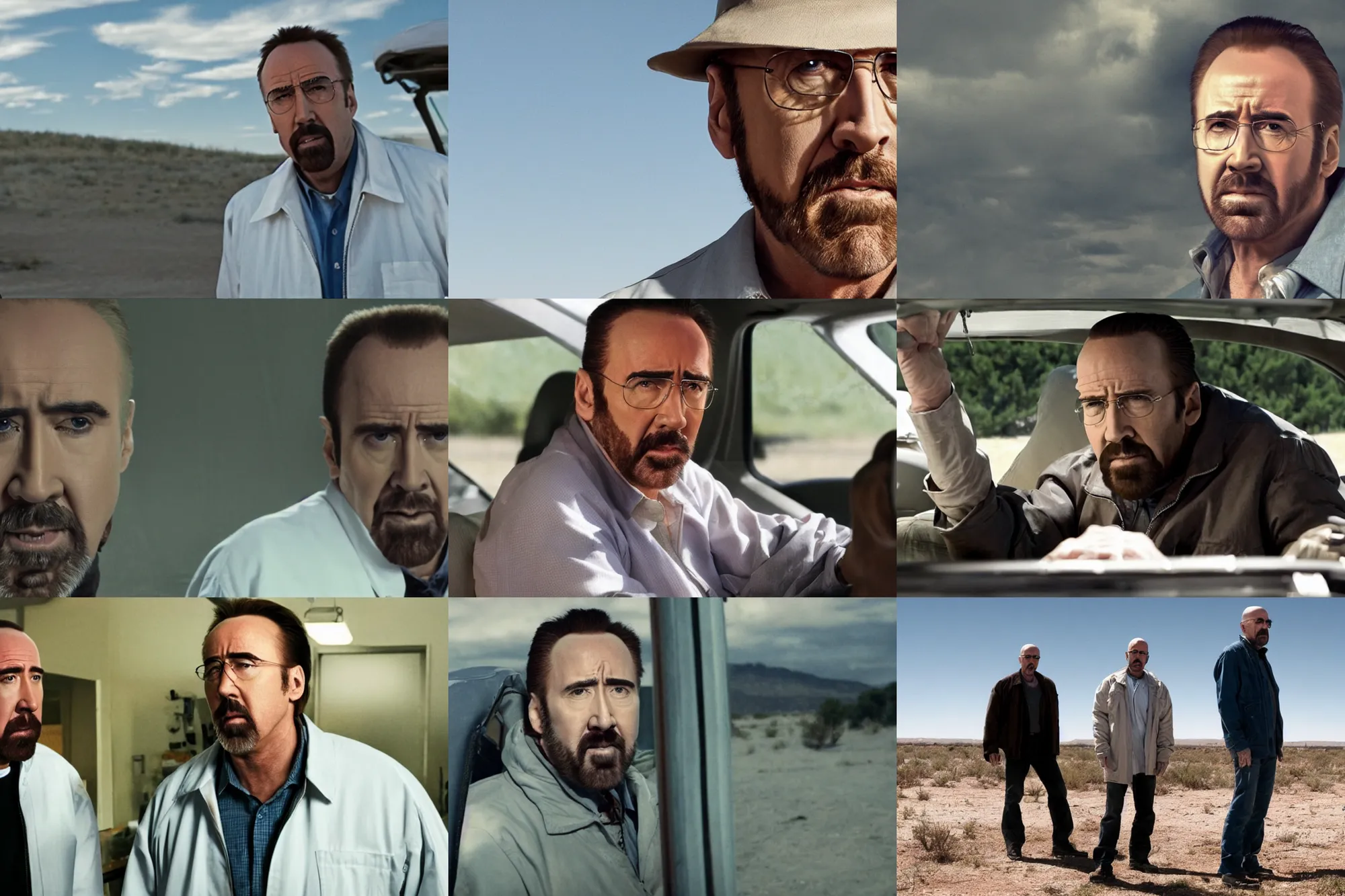 Prompt: a still of Nicolas Cage playing Walter White in Breaking Bad
