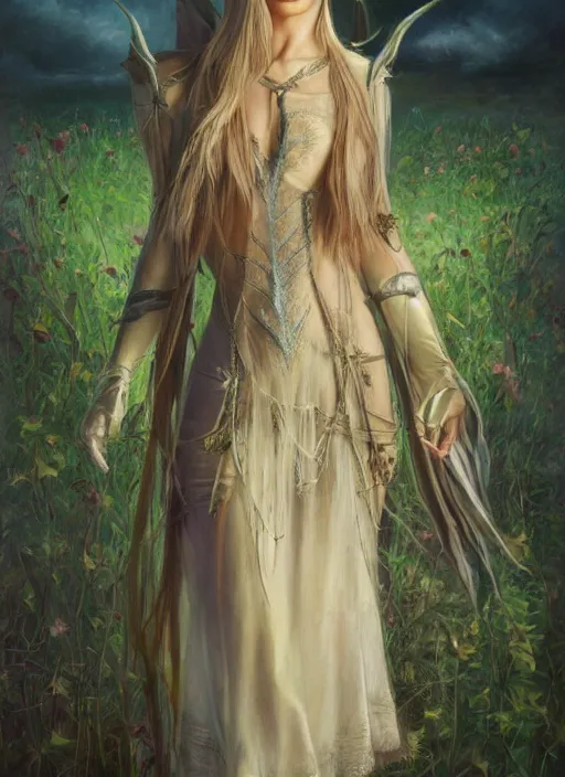 Image similar to an oil canvas painting of beautiful full body concept art beautiful face and beautiful eyes, elven female rogue wearing full intricate clothing standing in a field, soft focus, interesting lights