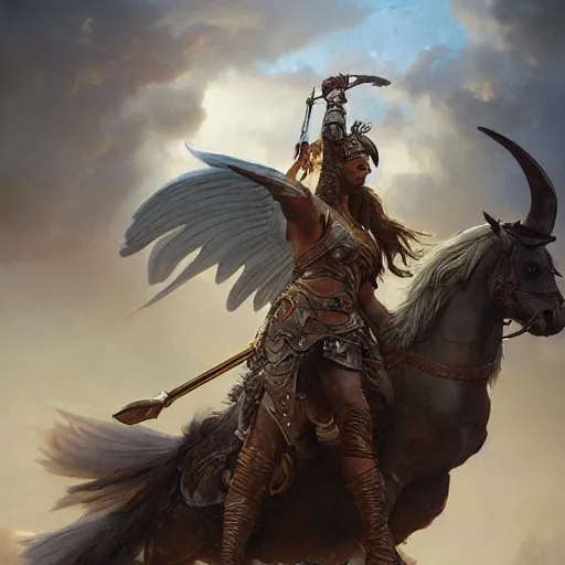 Image similar to an extremely detailed matte painting leroy jenkins as a terrifying valkyrie descending from valhalla on a pegasus, 8 k, sharp focus, detailed face, art by greg rutkowski and alphonse mucha