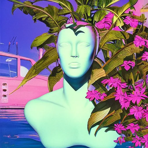 Image similar to Syd Mead, award winning masterpiece with incredible details, Syd Mead, a surreal vaporwave vaporwave vaporwave vaporwave vaporwave painting by Syd Mead of an old pink mannequin head with flowers growing out, sinking underwater, highly detailed Syd Mead