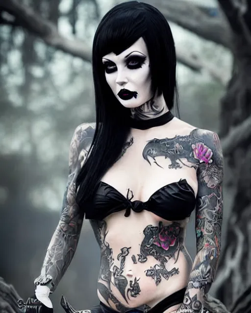 Image similar to portrait of beautiful fully tattooed goth girl cosplay with black hair, black makeup, bikini armor, art by stanley lau and artgem and wlop and magali villeneuve