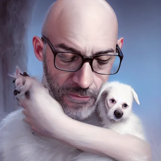 Prompt: bald french man wearing glasses hugging a small white dog, fantasy, high detail, elegant, digital painting, cinematic lighting, vibrant, intricate, textured skin, highly detailed, artstation, sharp, focus, hdr, unreal engine 5, breathtaking, illustration, anna dittmann, ilya kuvshinov, nikolay makovsky