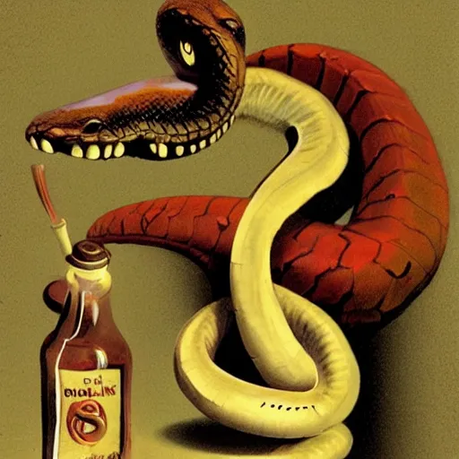 Image similar to a grinning anthropomorphic snake selling bottles of medicine, fantasy, dave mckean