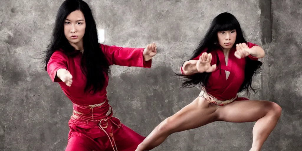 Prompt: bruna lee as hard fighting kung fu woman with gorgeous long black hair