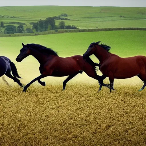 Prompt: horses running through the fields