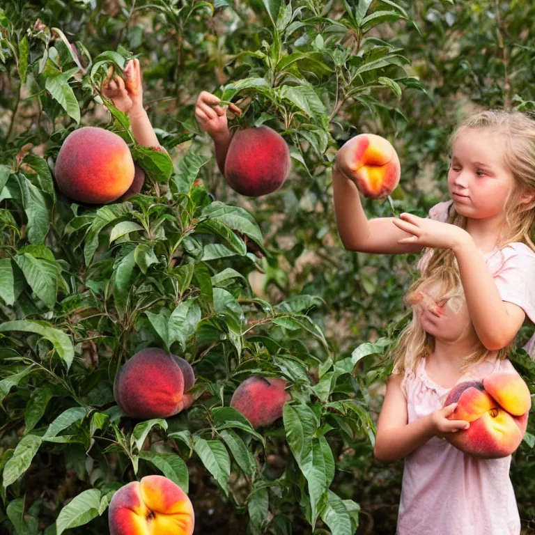 Prompt: a little girl picking peaches on another planet