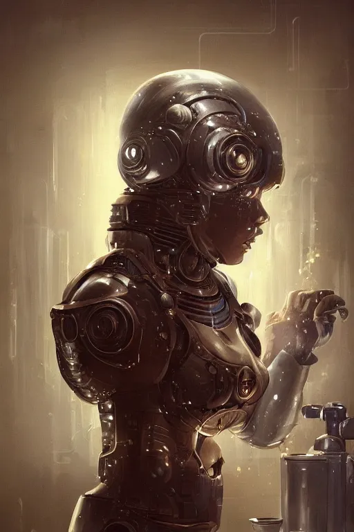 Image similar to sci fi ultrarealistic illustration babuska android cyborg in the kitchen, cyberpunk, sci-fi fantasy, intricate, elegant, highly detailed, digital painting, artstation, concept art