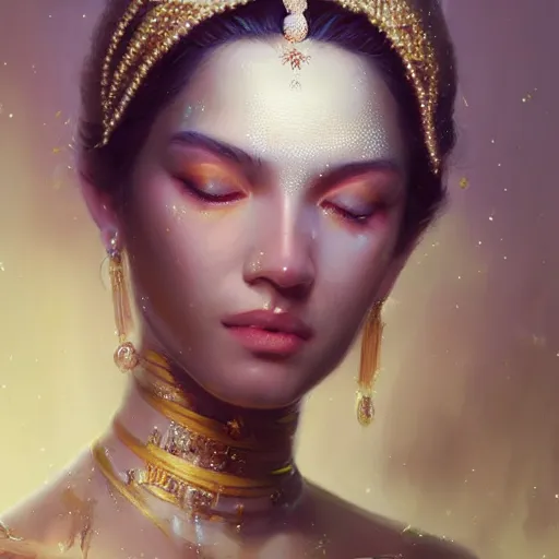 Image similar to a beautiful portrait of a pearl goddess with glittering skin by greg rutkowski and raymond swanland, trending on artstation, ultra realistic digital art