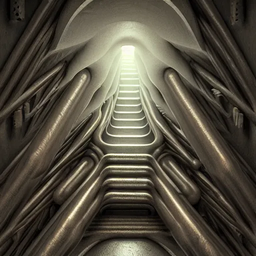 Image similar to Escher art made with smooth pipes and soft flesh, merged machima, soft lighting, crepuscular rays, realistic octane render, 8k, ultra detailed, concept art, art GIGER, style by H. R. GIGER