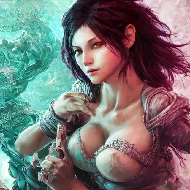 Image similar to the portrait of chaotic neutral female rogue as absurdly beautiful, gorgeous, elegant, innocent young gravure idol, an ultrafine hyperdetailed illustration by kim jung gi, irakli nadar, intricate linework, bright colors, octopath traveler, final fantasy, unreal engine 5 highly rendered, global illumination, radiant light, detailed and intricate environment