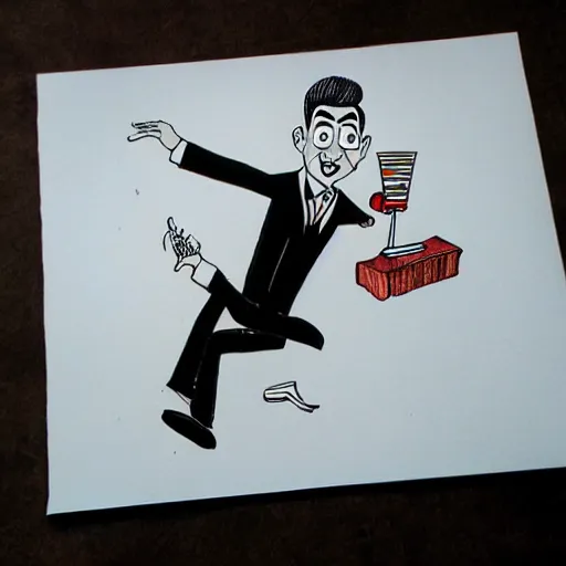 Prompt: caricature drawing of pee wee herman, illustration, ink, isca, award winning, new yorker