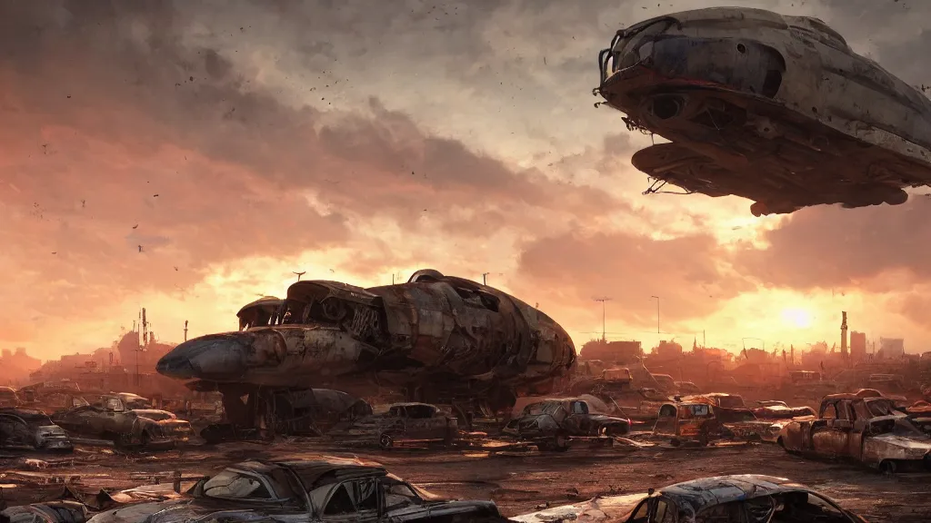 Image similar to a Photorealistic hyperrealistic render of a gigantic spaceship landing at a Junkyard full of weathered vehicles by PIXAR,Greg Rutkowski,Nicolas Bouvier SPARTH,James Paick,WLOP,Artgerm,dramatic moody sunset lighting,long shadows,Volumetric, cinematic atmosphere, Octane Render,Artstation,8k