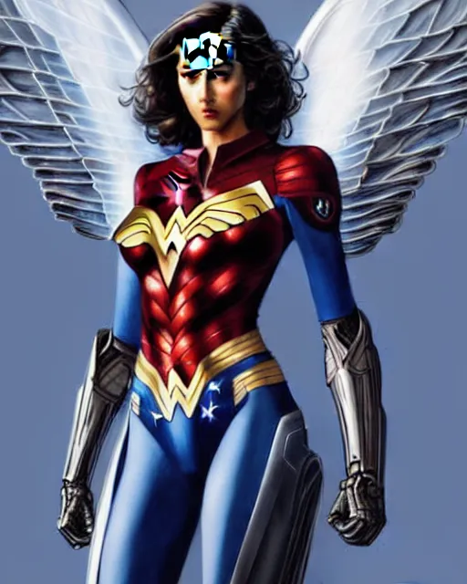 Image similar to Beautiful female, marvel's falcon mecha suit, portrait, with wings, mix with wonder woman suit, rays of light, fantasy, intricate triangular designs, elegant, highly detailed, sharp focus, art by Artgerm and Greg Rutkowski and WLOP