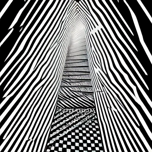 Image similar to A black and white freemasonic chequered surrealist digital painting of a stairway to into the clouds in the art style of jeff koons, Gilbert williams, Edwin Frederic Church and Christopher Balaskas, trending on artstation, 4k UHD