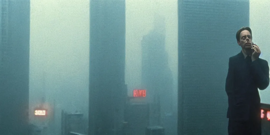 Image similar to beautiful cinematic film still of steve buscemi smoking a cigarette on a building top overlooking the rainy city in blade runner, 4 k