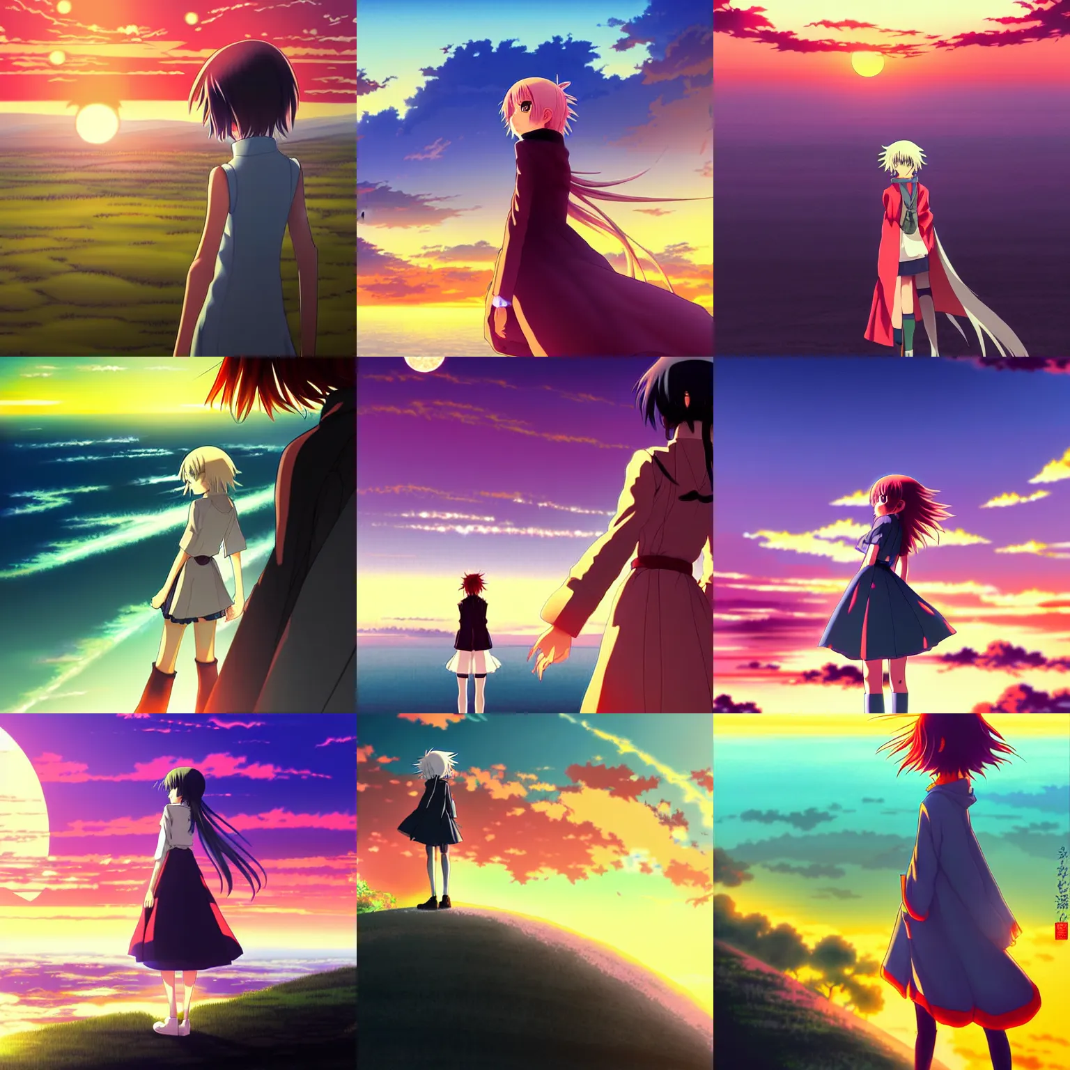 Prompt: digital illustration anime anime girl looking at howl's walking castle on horizon at sunset, by miazaki, by leiji matsumoto