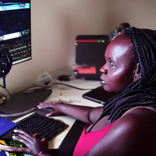 Prompt: A Kenyan businesswoman playing CS:GO on her computer, over the shoulder view