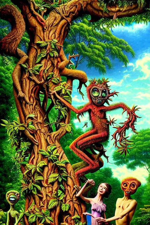 Prompt: a hyperrealistic painting of a tree creatures in the garden on a sunny day watching an ornate sundial. cinematic horror by chris cunningham, lisa frank, richard corben, kinkade, highly detailed, vivid color,