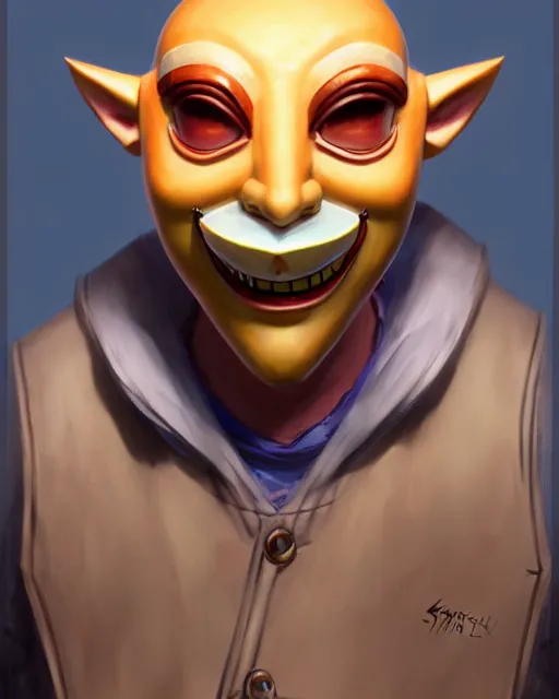 Image similar to character concept art of the happy mask salesman from the legend of zelda | | handsome - fine - face, pretty face, realistic shaded perfect face, fine details by stanley artgerm lau, wlop, rossdraws, james jean, andrei riabovitchev, marc simonetti, and sakimichan, tranding on artstation