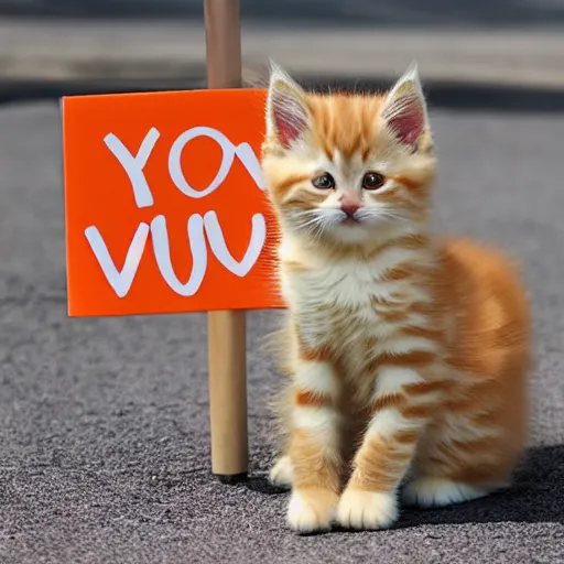 Image similar to cute fluffy orange tabby kitten with a sign that says