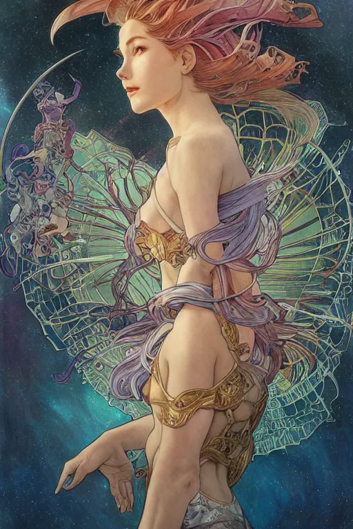 Image similar to swimming through time, by artgerm and yoshitaka amano and moebius and alphonse mucha, hyperdetailed, dc comics, ornate, nebula, explosions in the sky, trending on artstation