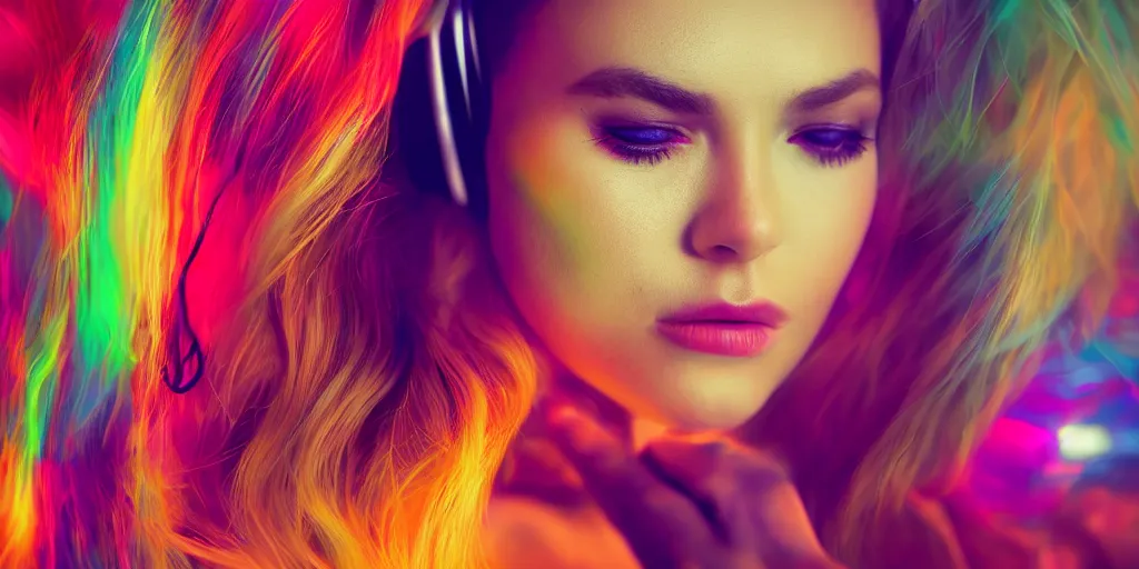 Beautiful Woman Self Portrait Listening To Music In A 